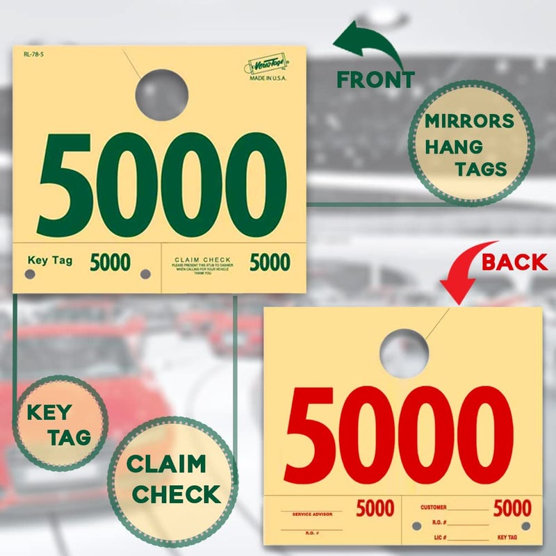 Versa-Tags 1000 Automotive Service Dispatch Numbers Mirror Hang Tags Numbered 5000-5999 RL78 Style Red Green Service Dispatch Numbers Manilla Card Stock with 1.25 Slotted Hang Cutout - Image 5